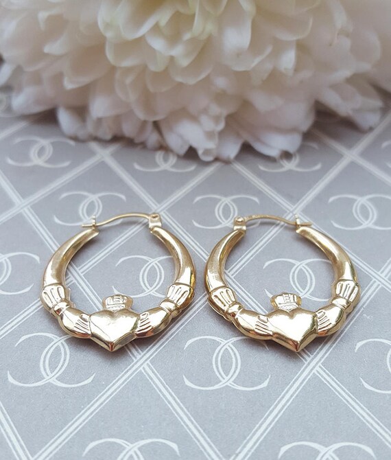 9ct Hinged Claddagh Hoop Earrings 9ct Hinged Claddagh Hoop Earrings
