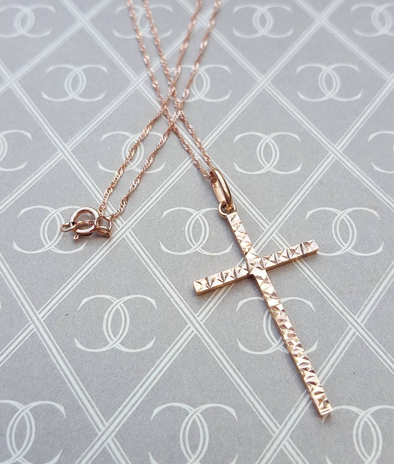 Fine 9ct Rose Gold Cross Necklace With a Hammered Finish Etsy