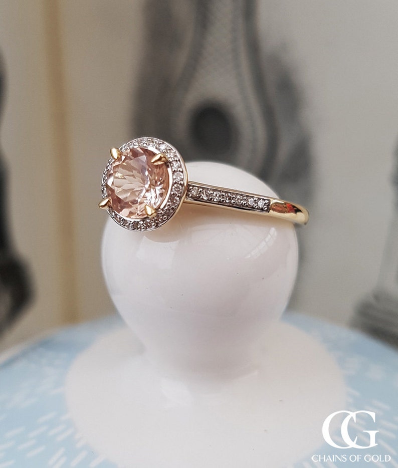 9ct Yellow Gold & Morganite Halo Ring with Diamonds Engament Annivesary Dress Ring image 1