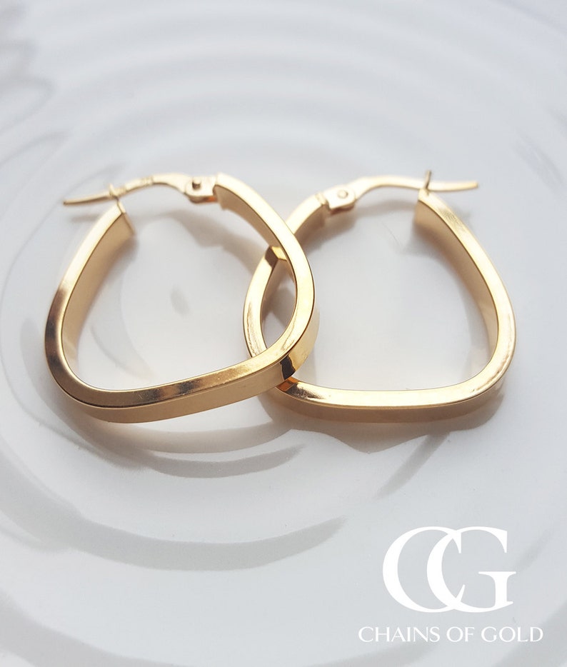 Ladies Fine 9ct Yellow Gold Polished Triangular Creole Hoop Earrings image 1