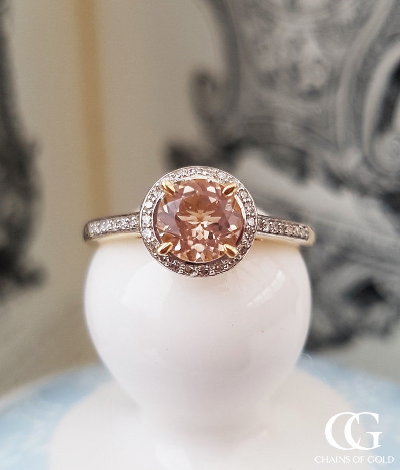 9ct Yellow Gold & Morganite Halo Ring with Diamonds Engament Annivesary Dress Ring image 2