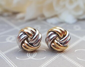 Fine 9ct Gold Two Colour Yellow White Ladies Knot Stud Earrings