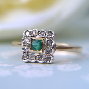 Art Deco 14ct Yellow Gold  Diamond and Emerald / Sapphire Delicate Square Ring - Deco Engagement Ring - Antique Engagement Ring