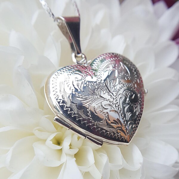 Vintage Inspired Large Solid Sterling Silver Engraved Heart Locket Necklace 18" 20"