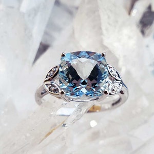 Aquamarine Solitaire Ring with a 9ct White Gold Diamond Half eternity Band - Vintage Engagement Anniversary