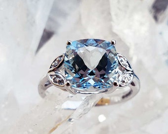 Aquamarine Solitaire Ring with a 9ct White Gold Diamond Half eternity Band - Vintage Engagement Anniversary