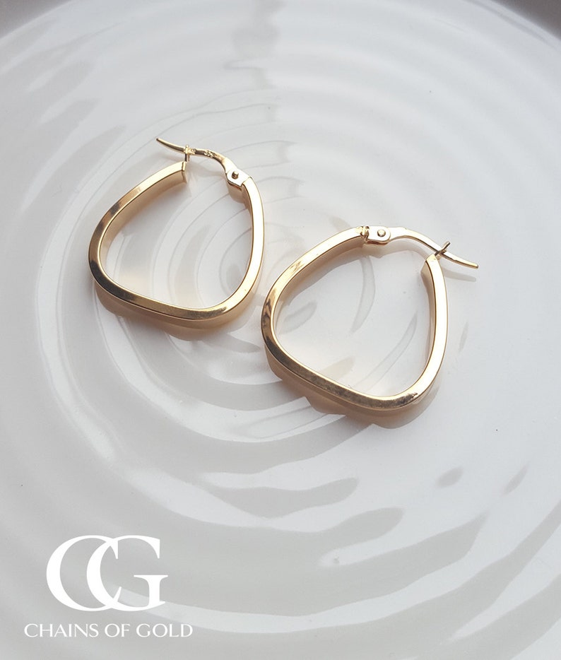 Ladies Fine 9ct Yellow Gold Polished Triangular Creole Hoop Earrings image 2