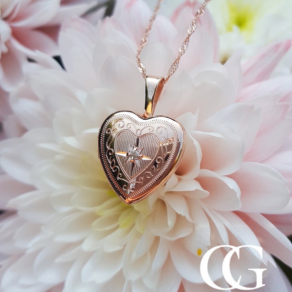 Petite 9ct Rose Gold Engraved Heart Locket Necklace with a set Diamond