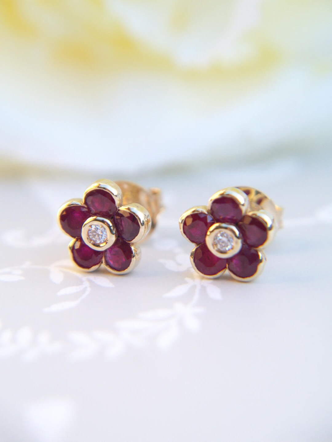 Victorian Inspired 14ct Rose Gold Ruby and Diamond Flower Stud - Etsy