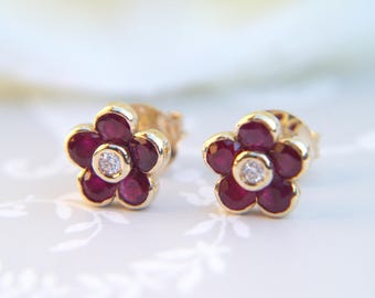 Victorian Inspired 14ct Rose Gold Ruby and Diamond Flower Stud Earrings