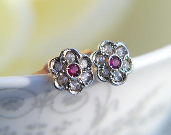 Victorian Inspired 9ct Rose Gold Diamonds Ruby Flower Stud Earrings