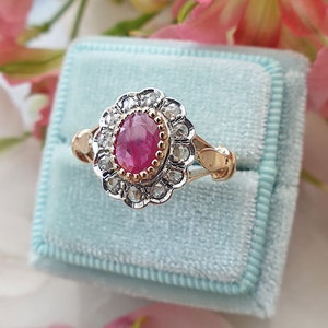 Vintage Inspired Floral Shaped 14ct Yellow Gold Ruby and Diamond Ring
