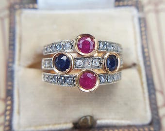 Edwardian Vintage Inspired Ruby, Sapphire & Diamonds Trinity Stack Ring