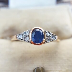 Antique Inspired 9ct Rose Gold Solitaire Ring with Diamond Shoulders in Sapphire or Emerald