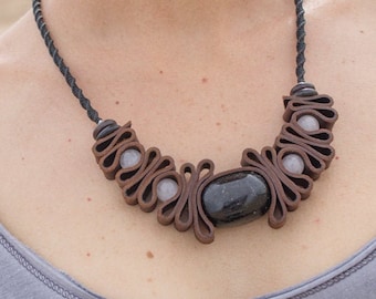 Obsidian Necklace, Quartz and Obsidian Leather Choker, Beautiful Semiprecious Necklace, Orginal Design Leather and Mineral, Leather Amulet