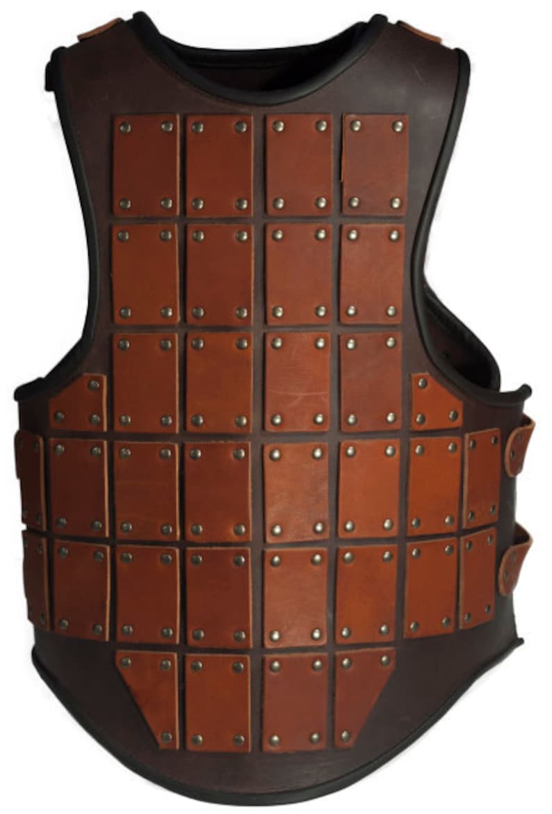 May include: A brown leather vest with a grid pattern of rectangular leather plates secured with metal rivets.