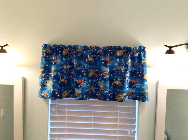 Nautical Window Valance with Sea Turtles Design on Shades of Blue Fabric