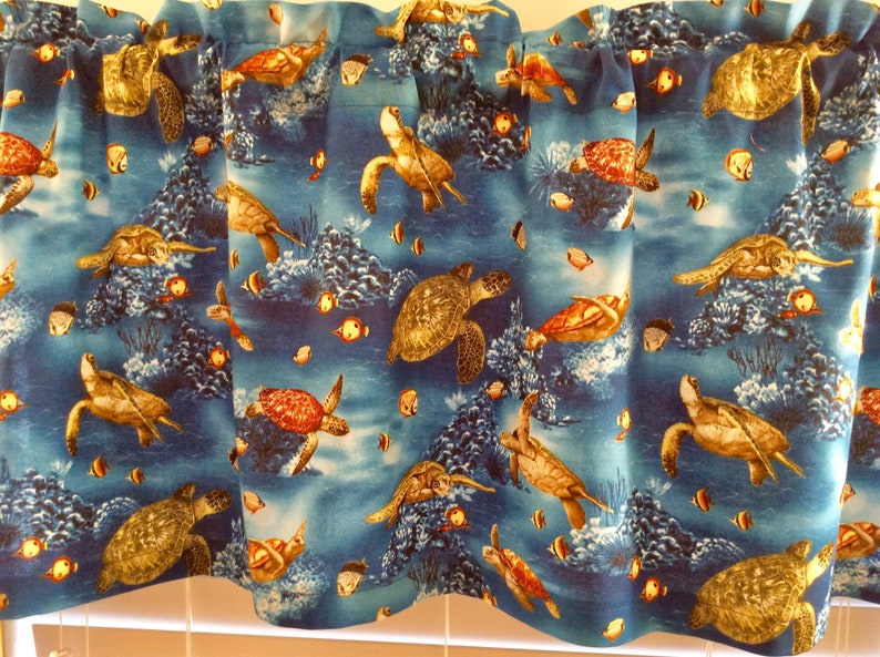 Nautical Window Valance with Sea Turtles Design on Shades of Blue Fabric