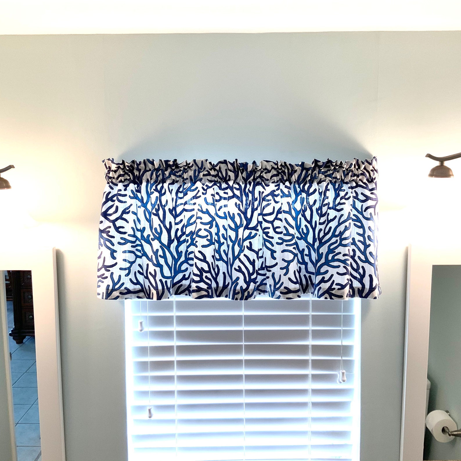 Coral Print Valance in Shades of Blue on White Fabric Etsy
