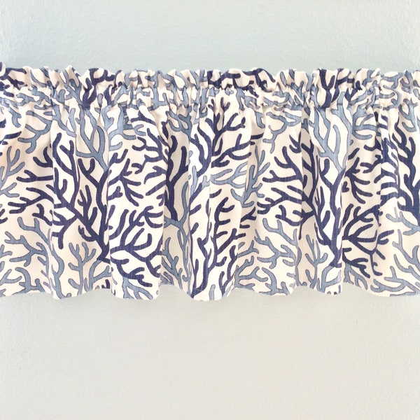 Coral Design Coastal Window Valance in Blues on White