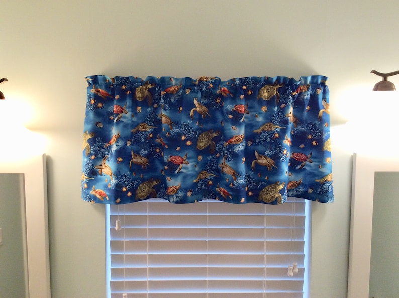Nautical Window Valance with Sea Turtles Design on Shades of Blue Fabric