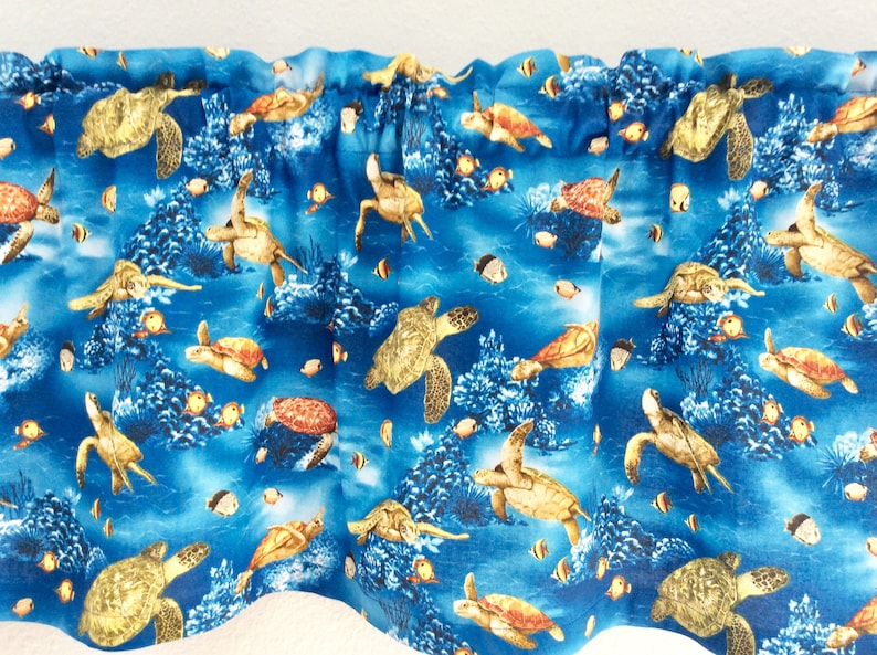 Nautical Window Valance with Sea Turtles Design on Shades of Blue Fabric