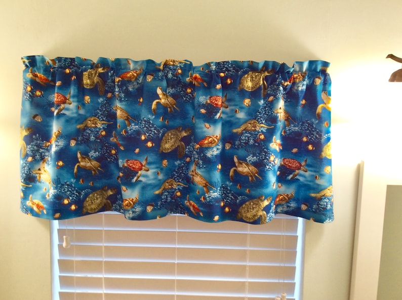 Nautical Window Valance with Sea Turtles Design on Shades of Blue Fabric