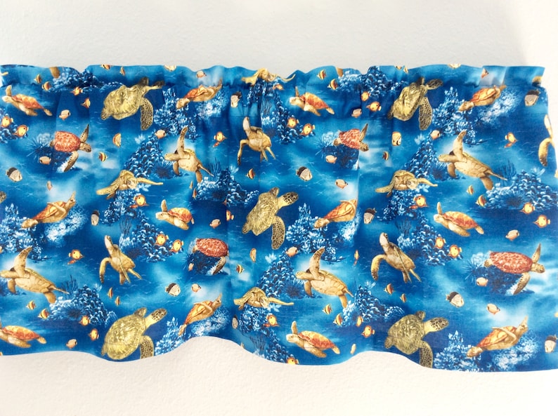 Nautical Window Valance with Sea Turtles Design on Shades of Blue Fabric