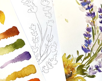 DIGITAL ONLY- Sunflower and Lavender Wreath  Watercolor Worksheets on YouTube