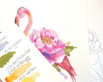 DIGITAL ONLY- Flamingo with Peony Watercolor Worksheets on YouTube