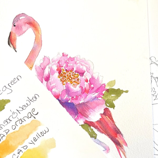 DIGITAL ONLY- Flamingo with Peony Watercolor Worksheets on YouTube