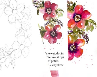 ORIGINAL Watercolor Red Floral  / Tutorial Painting kit /Fun wall Decor /  original  /watercolor tutorial /Art of the Day