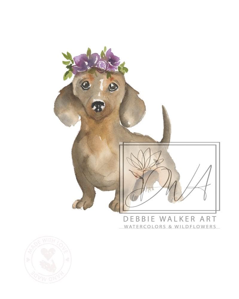 Teckel aquarelle ORIGINAL avec fleurs