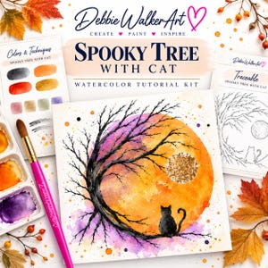 May include: A watercolor tutorial kit titled Spooky Tree With Cat by Debbie Walker Art. The kit includes a painting of a black tree and cat against a large orange moon, a color guide, a traceable outline, and a pink-handled paintbrush.