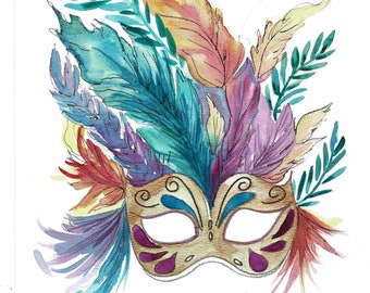 ORIGINAL - Watercolor Mardis Gras Mask Tutorial  Painting kit / Home Decor / Fun wall Decor / watercolor tutorial /Art of the Day