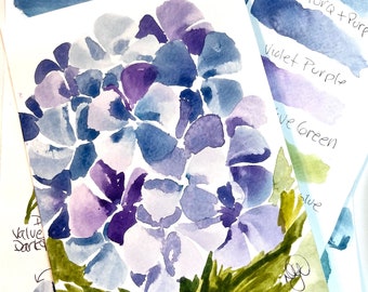 ORIGINAL Watercolor Hydrangea Tutorial Painting kit /Fun wall Decor /  original greeting card/ watercolor tutorial /Art of the Day