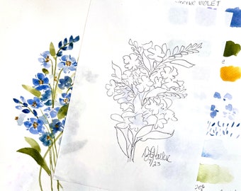 ORIGINAL Watercolor Blue Wildflowers  Tutorial Painting kit /Fun wall Decor /  original greeting card/ watercolor tutorial /Art of the Day
