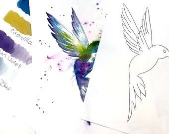 ORIGINAL Watercolor Hummingbird Tutorial Painting kit /Fun wall Decor /  original  /watercolor tutorial /Art of the Day
