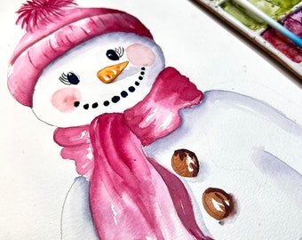 ORIGINAL WatercolorSnowoman / Tutorial Painting kit /Fun wall Decor /  original  /watercolor tutorial /Art of the Day