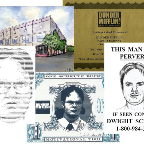 The OFFICE ULTIMATE FAN gift set!!! Golden Ticket, Schrute Buck, Pam's Painting, Dwight Wanted Poster, and Dwight's Computerized Face!!!