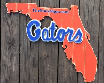 Beautifully crafted University of Florida state sign with script Gators logo