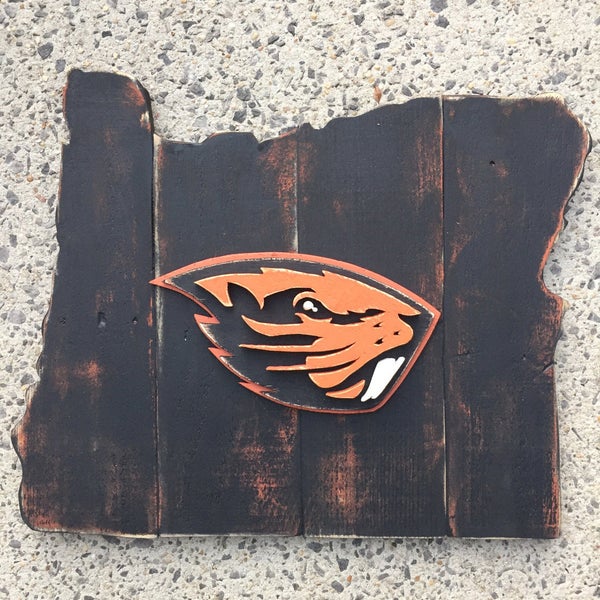 Oregon State University state sign with Benny the Beaver logo in center