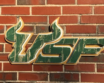 University of South Florida Bulls wooden pallet sign made from reclaimed wood.  USF Collegiate Sign