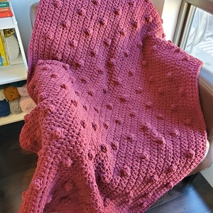 Red Bobble Chenille Throw Blanket | Handmade Cozy Crochet Throw Blanket | Knit Bobble Throw Blanket