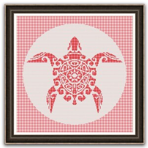 May include: A red stylized turtle design on a white background with a red and white gingham pattern border.