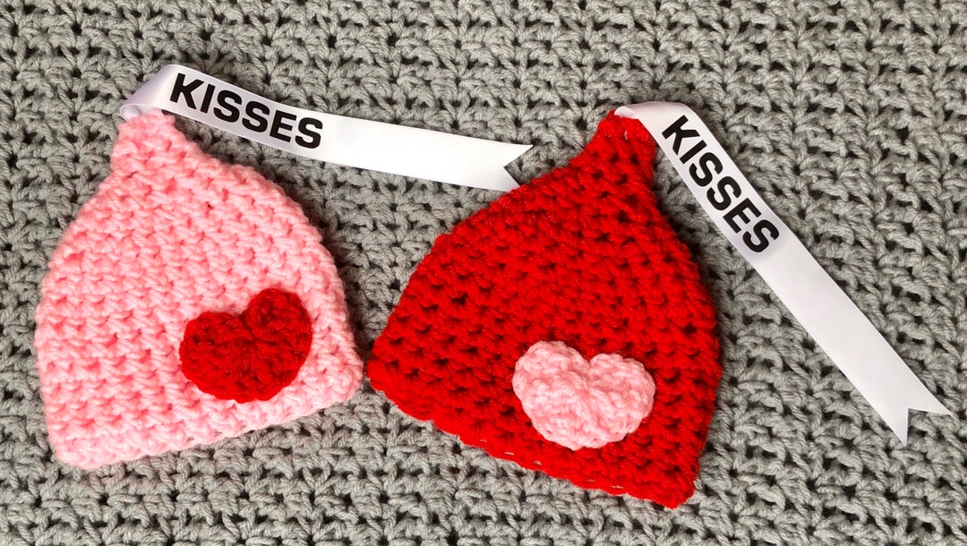 Valentines Crocheted Hershey Kiss Hat Set With Hearts. Red and Pink