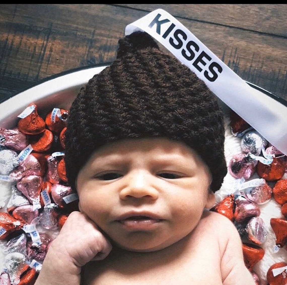 Crocheted Hershey kisses hat with ribbon that says kisses Etsy