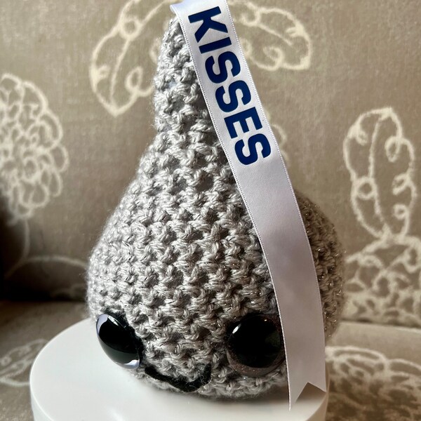 Plush Kisses Sparkling Gray with face and ribbon Handmade and ready to ship Valentine’s Sale