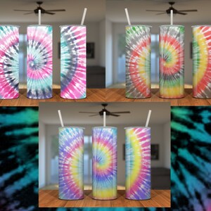 May include: Set of six stainless steel tumblers with tie-dye designs. The tumblers are in various colors, including pink, blue, green, and yellow. Each tumbler has a swirl pattern.