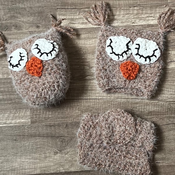 Bestie Set Three piece handmade set Fuzzy Brown Owl Plushie with matching Hat & Diaper Cover size Newborn-3 Months Made and ready to ship